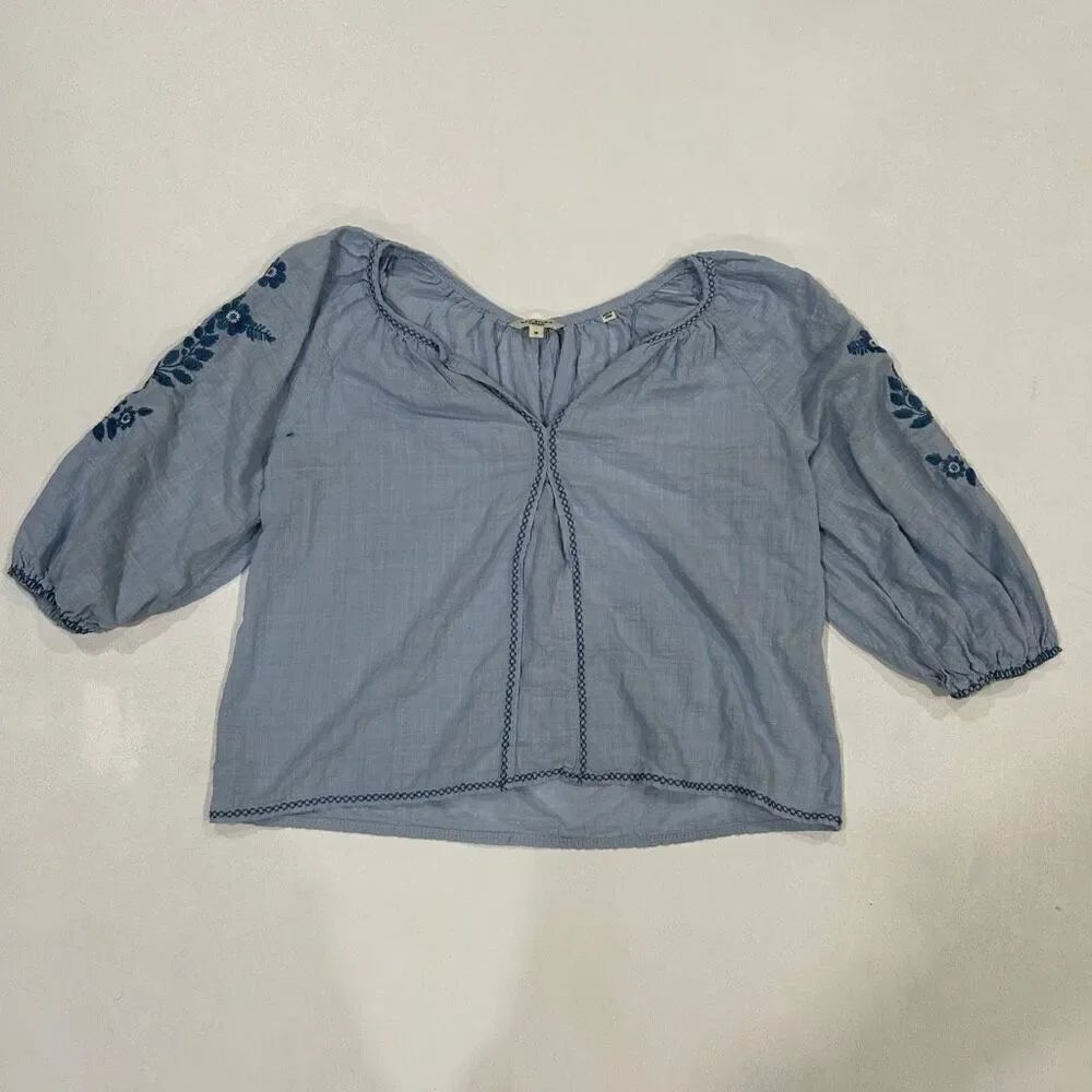 Max Studio London Blue Embroidered Peasant Blouse Women’s Size M